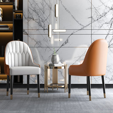 Modern PU Leather Set of 2 Dining Chairs in White & Orange with Metal Legs